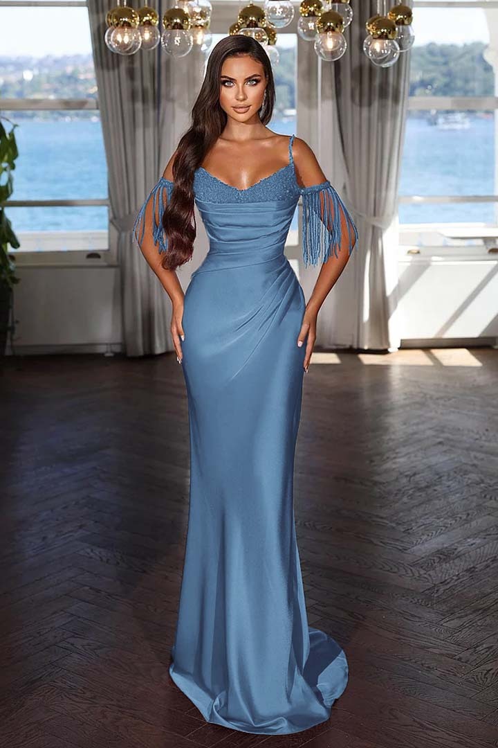 Off the Shoulder Sleeveless Mermaid Long Prom Dress With Tassel