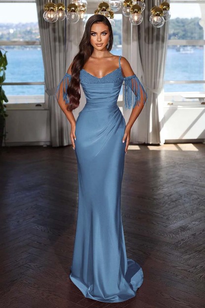Off the Shoulder Sleeveless Mermaid Long Prom Dress With Tassel