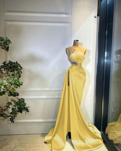 Strapless Sleeveless Long Mermaid Split Prom Dress With Beading