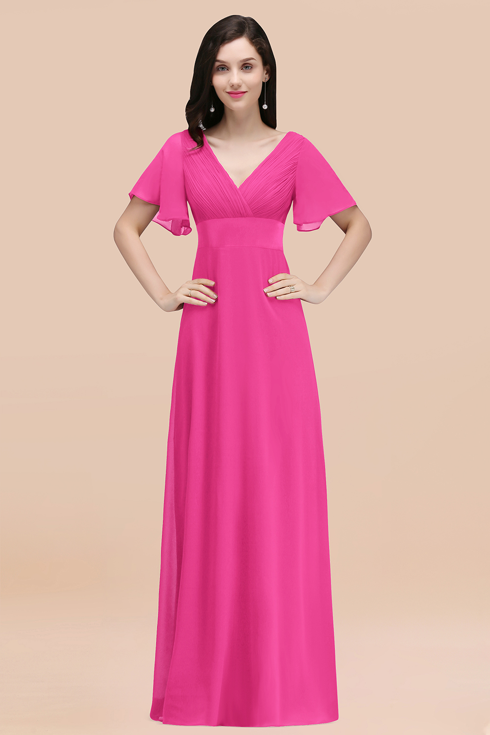 BMbridal Affordable V-Neck Ruffle Long Burgundy Bridesmaid Dress With Short-Sleeves-BMbridal