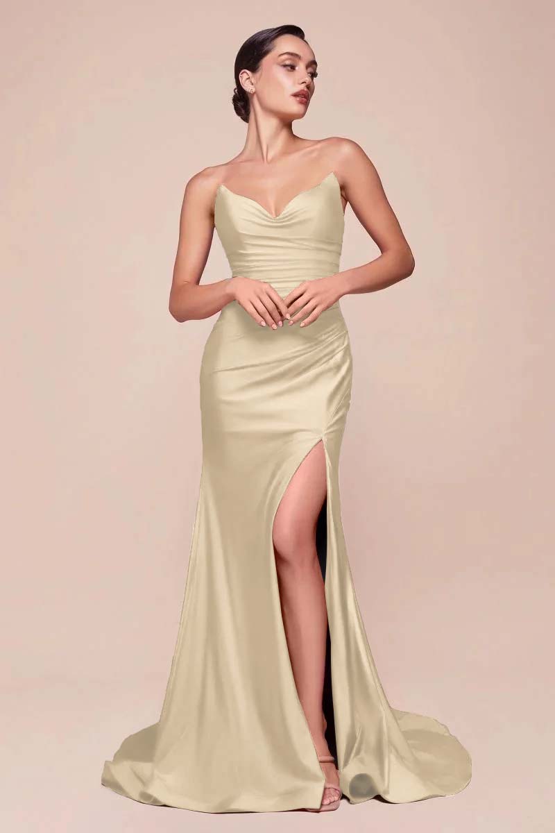 Strapless Sleeveless Long High Split Prom Dress With Pleated