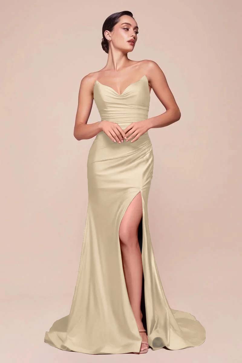 Strapless Sleeveless Long High Split Prom Dress With Pleated