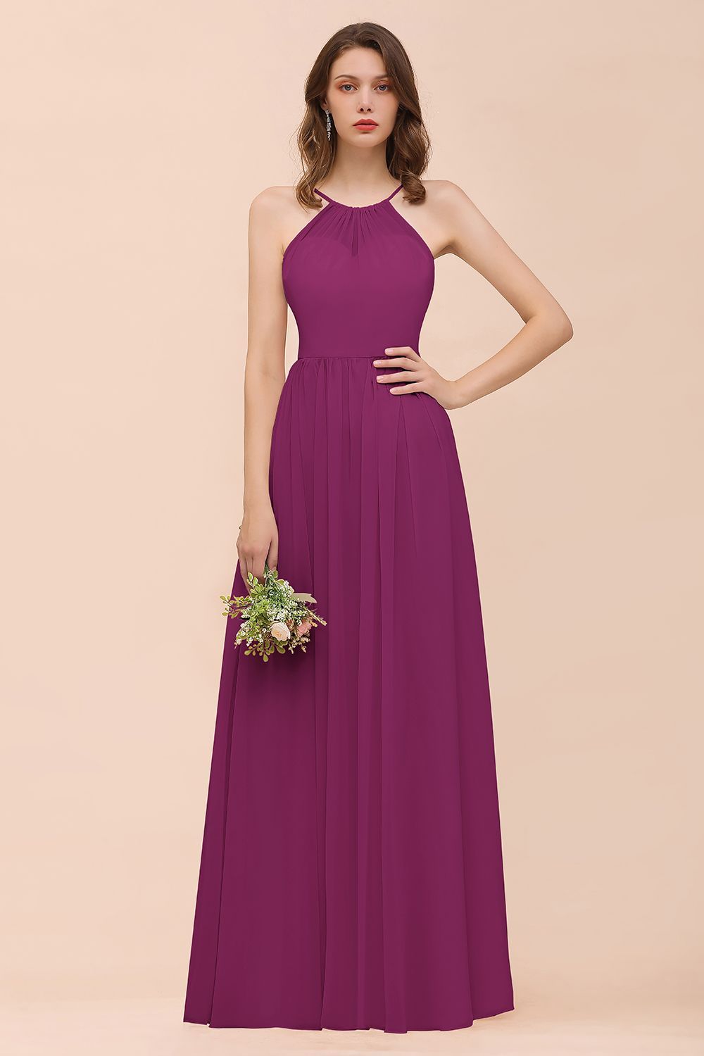 BMbridal Gorgeous Chiffon Halter Ruffle Affordable Long Bridesmaid Dress-BMbridal