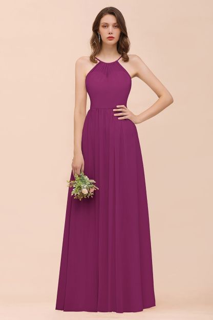 BMbridal Gorgeous Chiffon Halter Ruffle Affordable Long Bridesmaid Dress-BMbridal