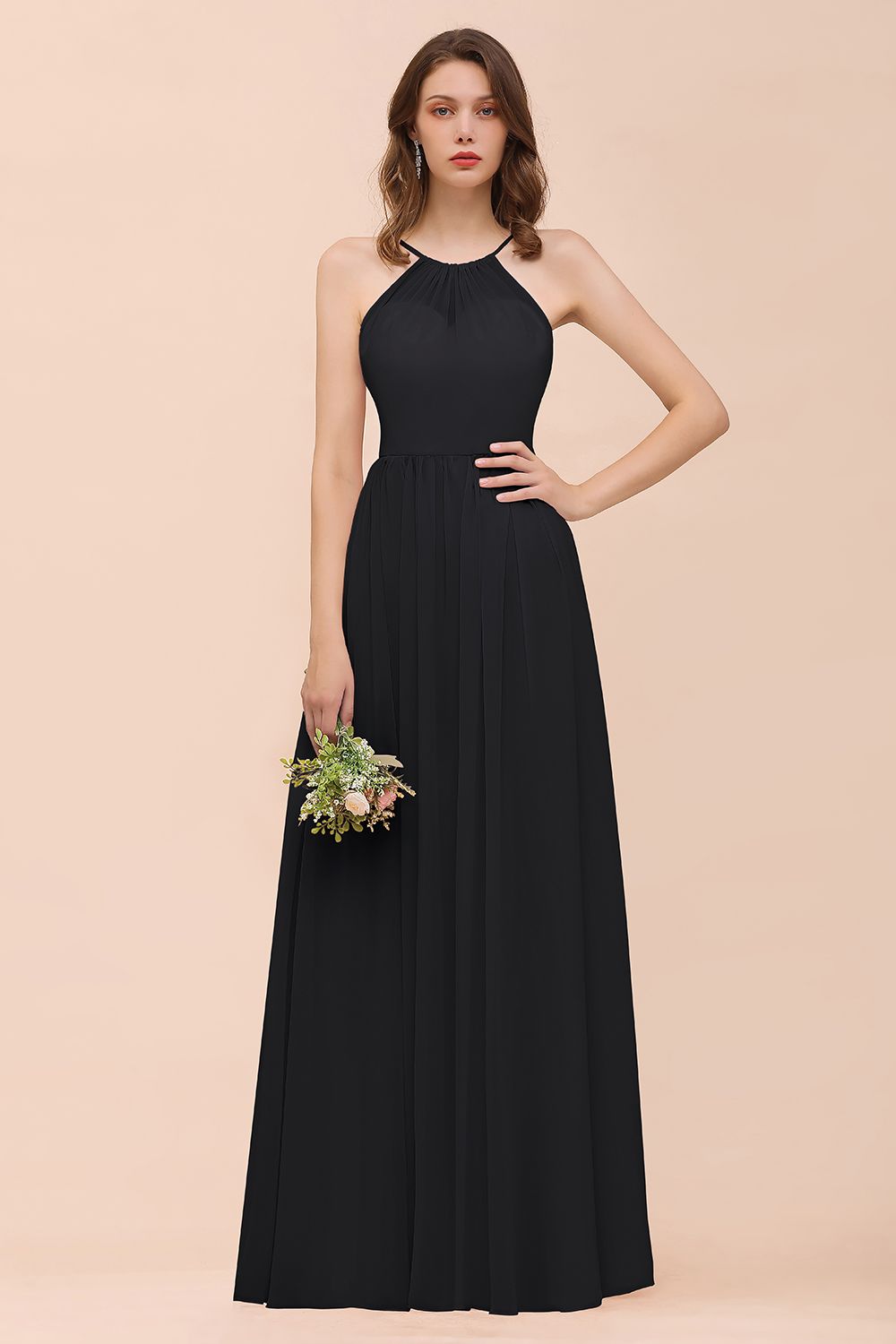 BMbridal Gorgeous Chiffon Halter Ruffle Affordable Long Bridesmaid Dress-BMbridal