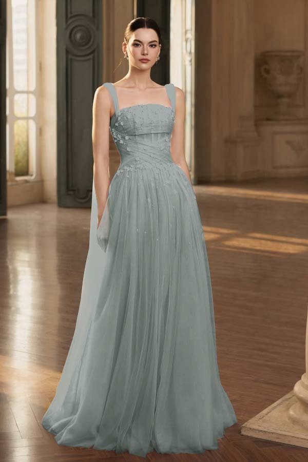 Stunning Tulle Straps Sleeveless Long Prom Dress With Beading