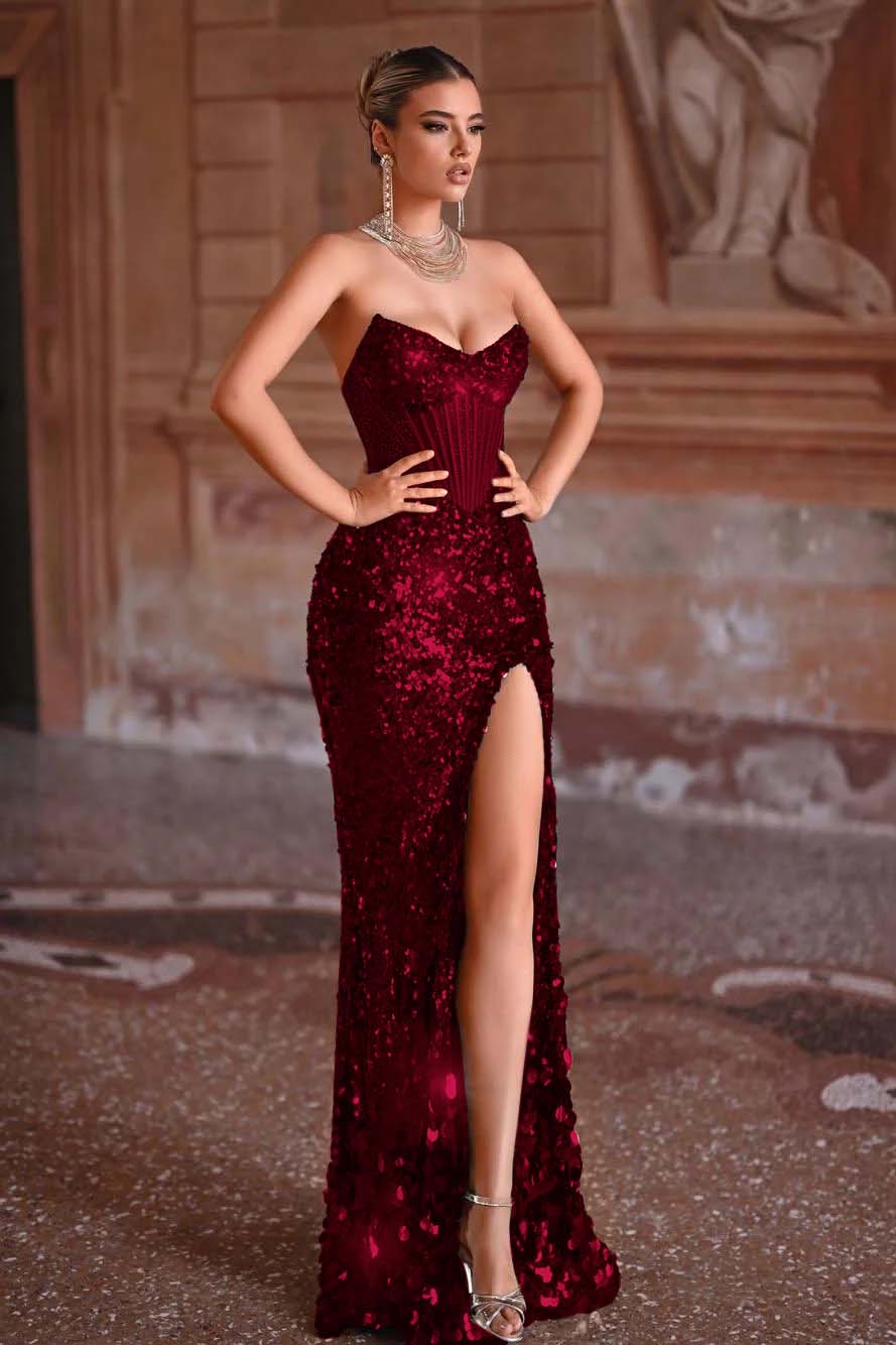 Strapless Sleeveless Long Mermaid Prom Dress With Split Sequins