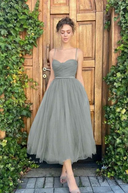 Tulle Spaghetti Strap Sweetheart Sleeveless Prom Dress With Belt