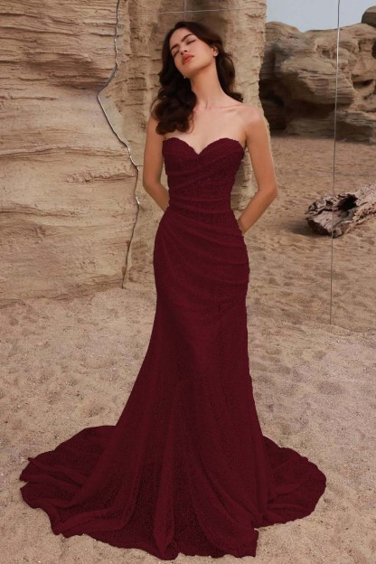 Strapless Sleeveless Long Mermaid Prom Dress With Pleated Sequins
