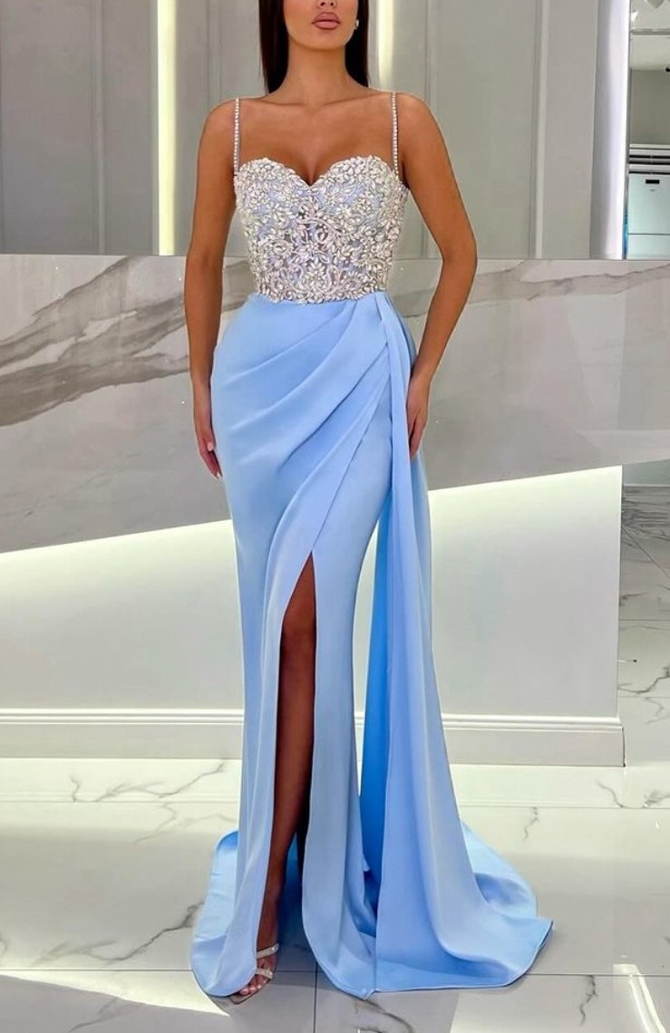 Prom Dress Baby Blue With High Slit Spaghetti Strap Sweetheart Appliques