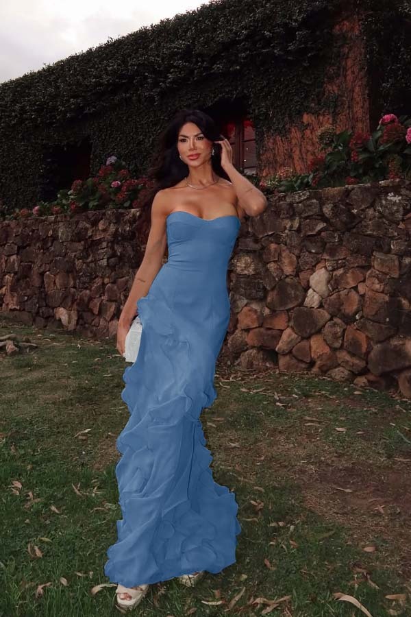 Chiffon Sweetheart Strapless Sleeveless Long Prom Dress With Ruffles