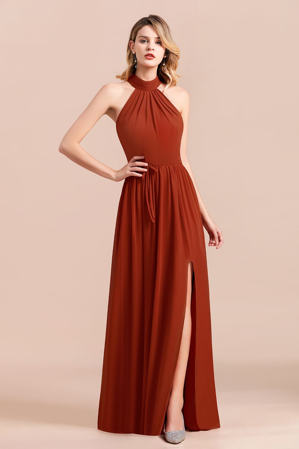 BMbridal Rust Halter Long Bridesmaid Dresses Online With Front Split-BMbridal