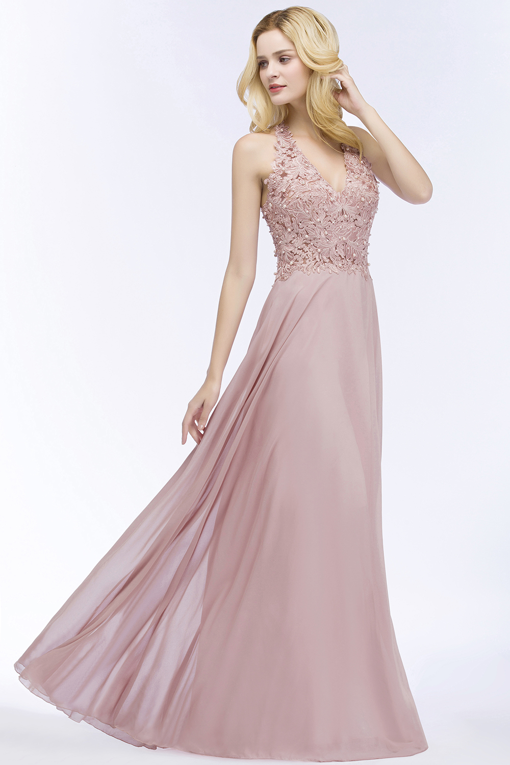 BMbridal Chic Lace V-neck Pink Chiffon Bridesmaid Dress with Pearls-BMbridal