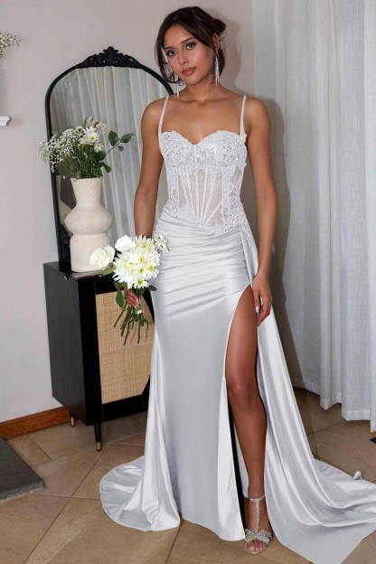 Spaghetti Strap Sleeveless Split Long Mermaid Prom Dress With Appliques