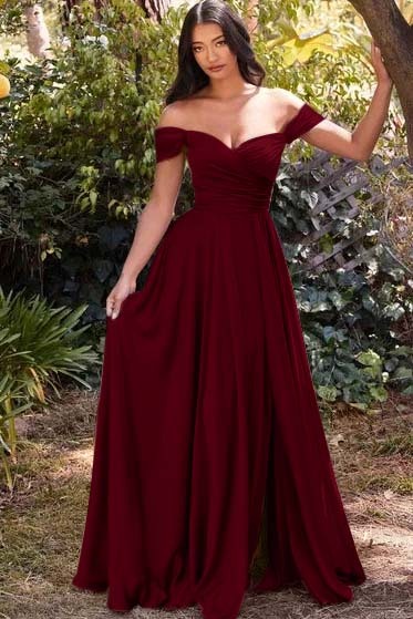 Off the Shoulder Sleeveless Long Prom Dress With Split Pleated