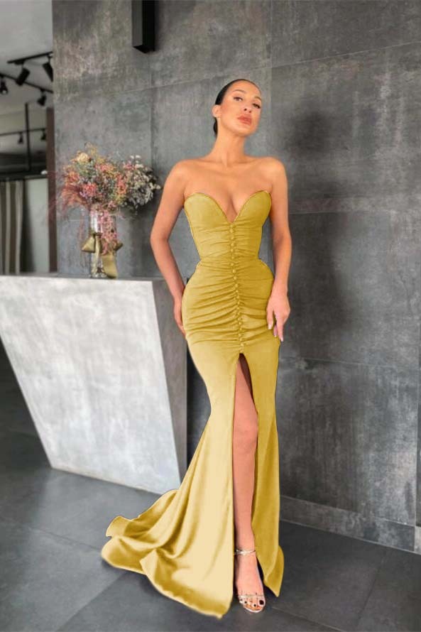 Sleeveless Strapless Long Mermaid Prom Dress With Pleated Split