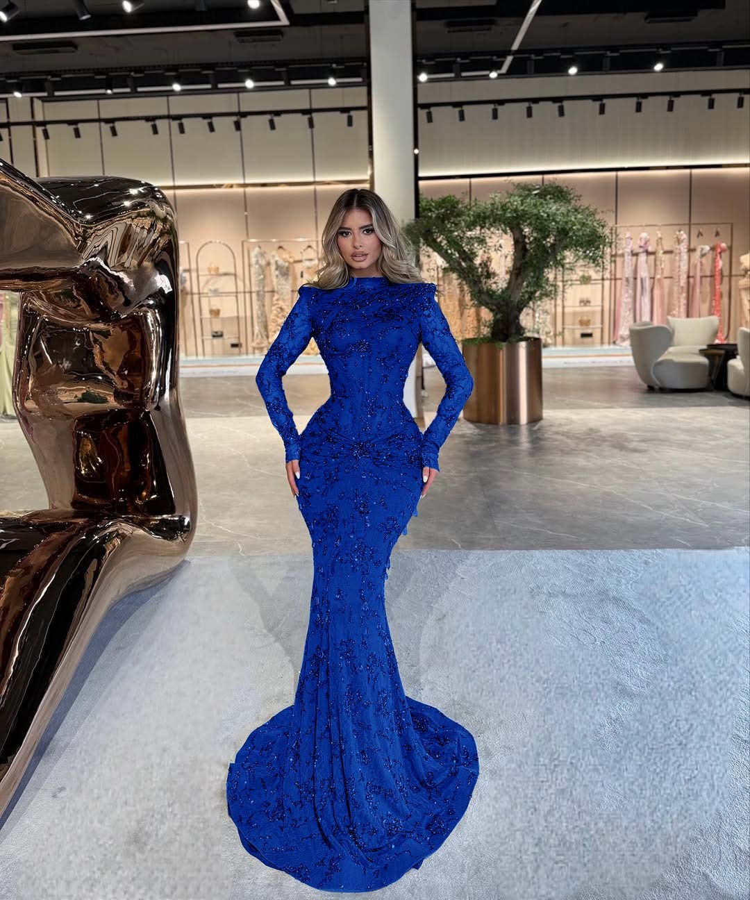 High Neck Long Sleeves Long Mermaid Prom Dress With Beading Pleated