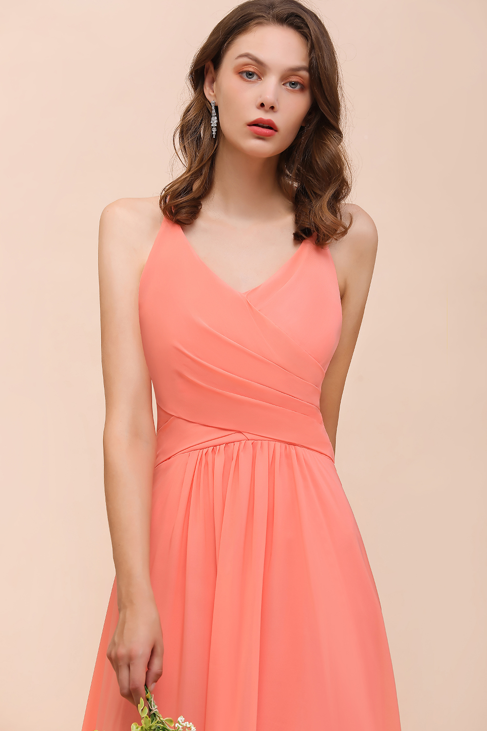 BMbridal Glamorous V-Neck Coral Chiffon Bridesmaid Dress Affordable with Ruffle-BMbridal