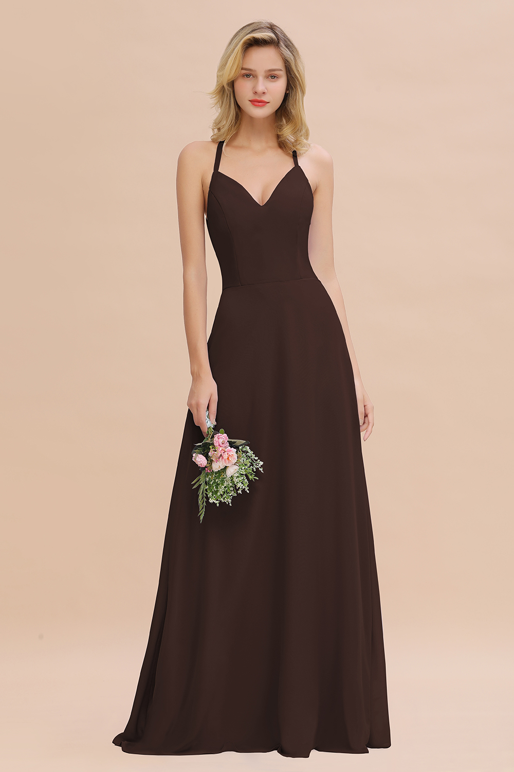 BMbridal Modest Halter V-Neck Sleeveless Long Bridesmaid Dresses Online-BMbridal