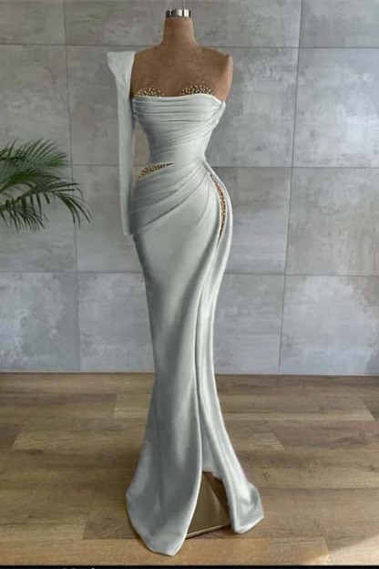 One Shoulder Long Sleeve Long High Split Prom Dress With Beading