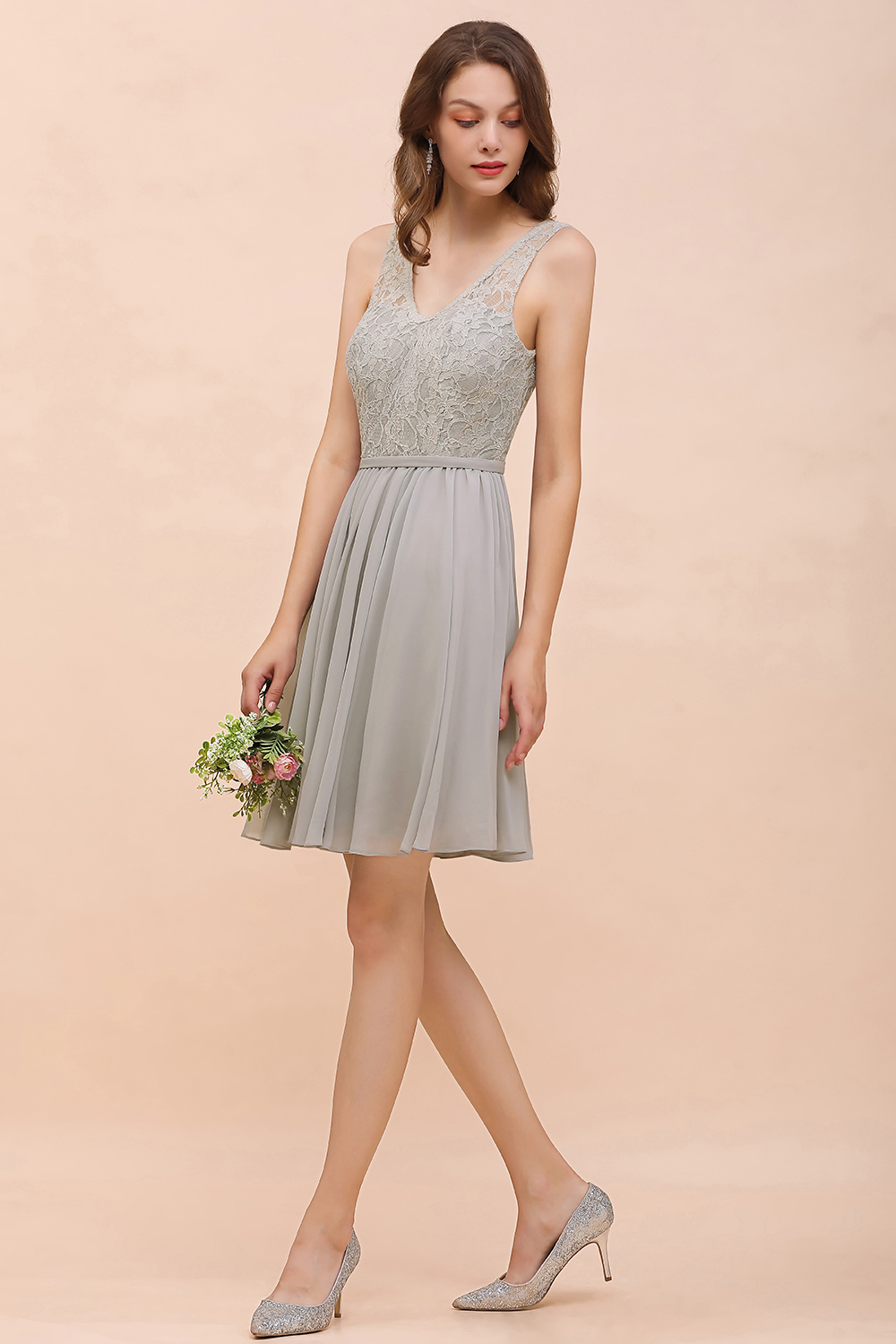 BMbridal Affordable Lace V-Neck Silver Chiffon Short Bridesmaid Dress Online-BMbridal