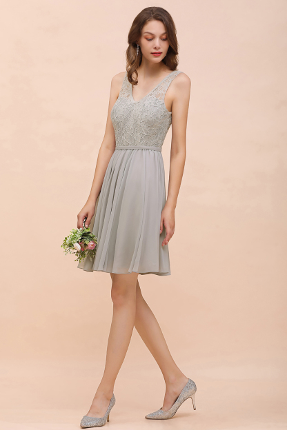 BMbridal Affordable Lace V-Neck Silver Chiffon Short Bridesmaid Dress Online-BMbridal