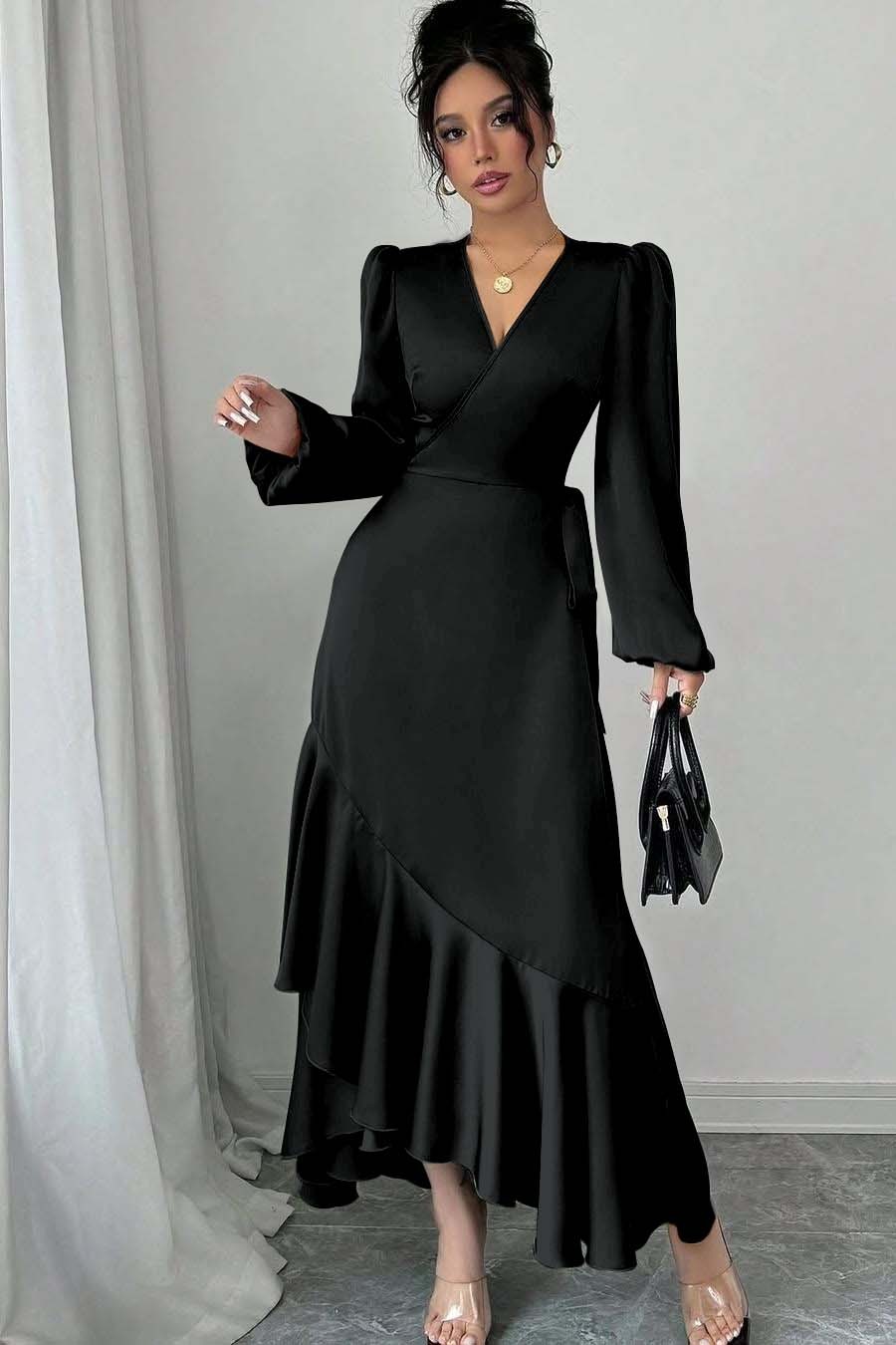 Shinning Long Sleeves V Neck Long Prom Dress With Ruffles Pleated