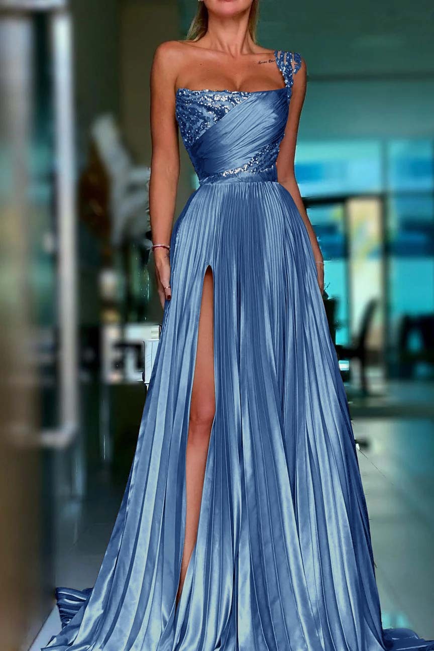 One Shoulder Sleeveless Long Prom Dress With High Split Sequins