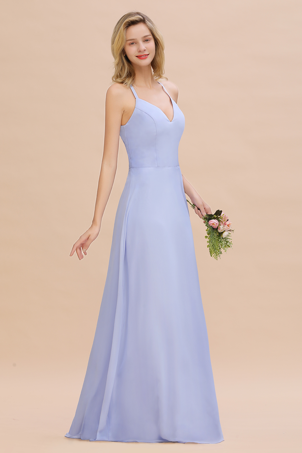 BMbridal Modest Halter V-Neck Sleeveless Long Bridesmaid Dresses Online-BMbridal