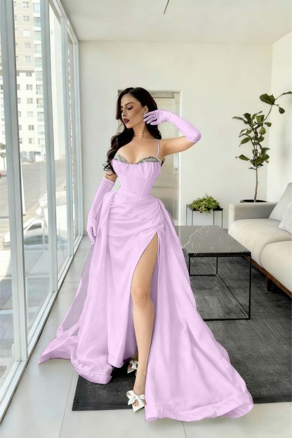 Spaghetti Strap Sleeveless Long Mermaid Prom Dress With Split Gloves