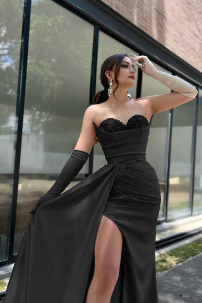 Prom Dress Sleeves Champagne Sweetheart High Slit With Gloves