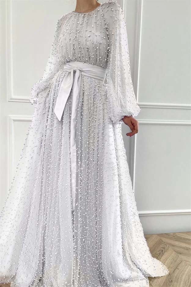 Long Sleeves Long Jewel Neck Prom Dress With Pleated Beading