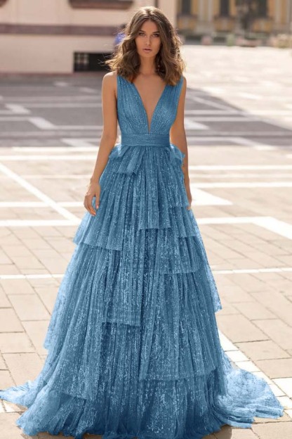 Tulle Straps V Neck Sleeveless Long Prom Dress With Sequin Pleated