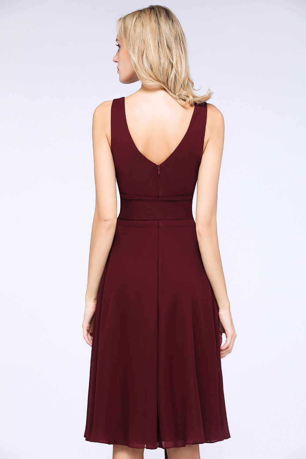 BMbridal Elegant Straps V-Neck  Ruffle Short Burgundy Bridesmaid Dress with Bow Sash-BMbridal