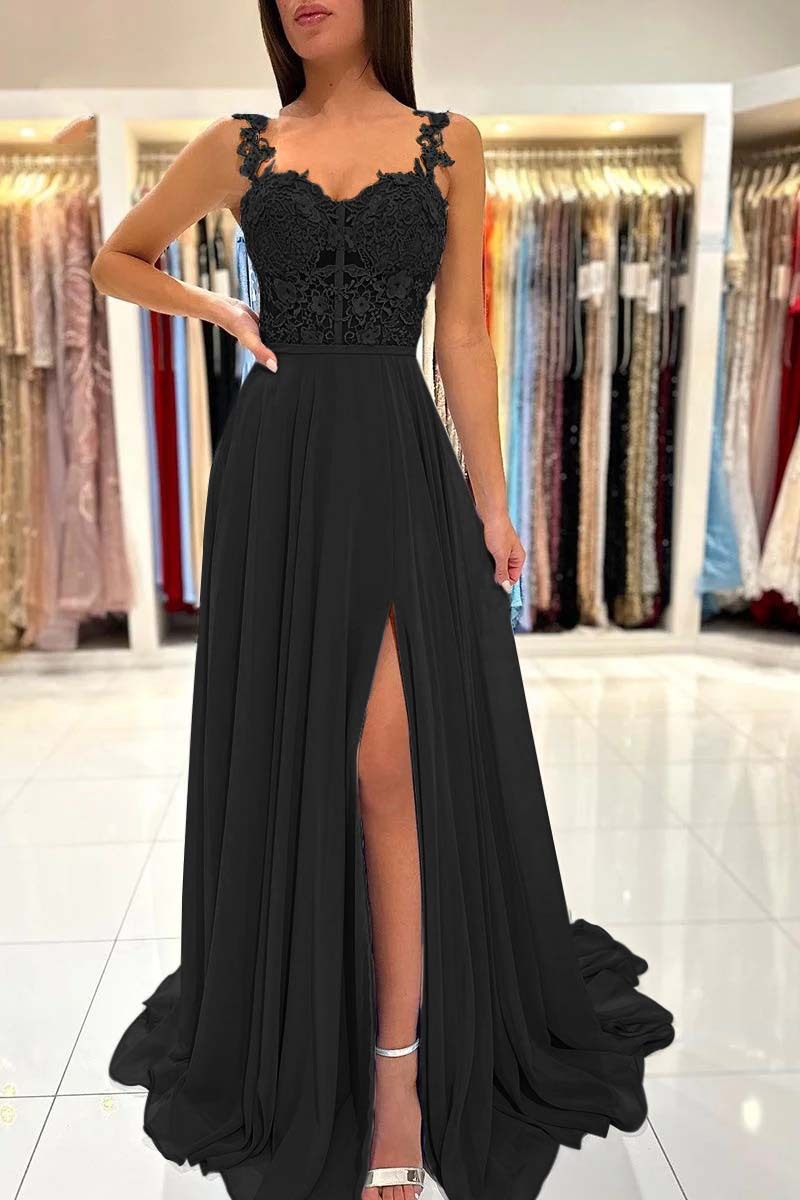 Straps Sleeveless Long A Line Split Prom Dress With Appliques