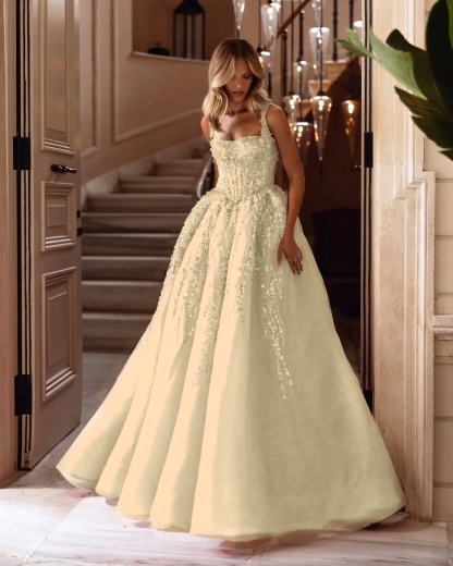 Spaghetti Strap Sleeveless Long A Line Prom Dress With Beading