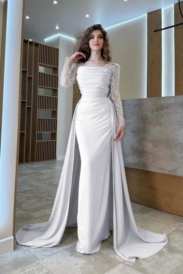 Long Sleeves Square Neck Long Mermaid Prom Dress With Pleated