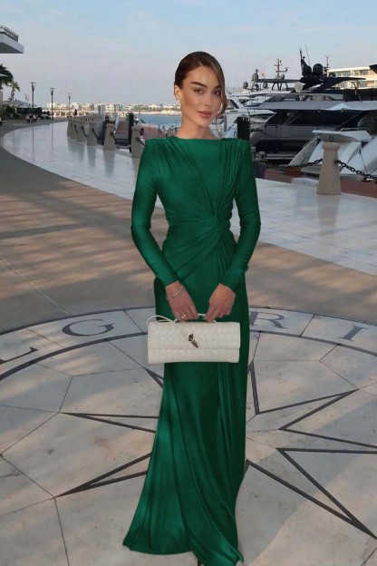 Chic Jewel Long Sleeves Mermaid Long Prom Dress With Pleated