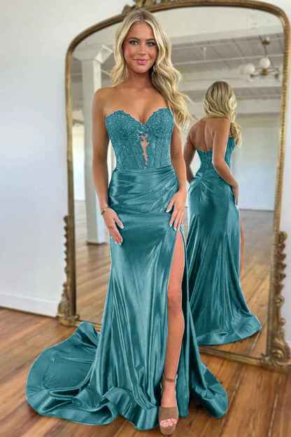 Navy Mermaid Sweetheart Long Corset Prom Dress with Slit