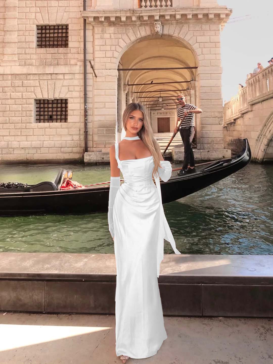 Spaghetti Strap Sleeveless Long Mermaid Prom Dress With Gloves