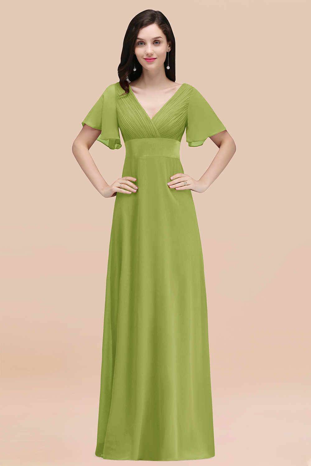 BMbridal Affordable V-Neck Ruffle Long Burgundy Bridesmaid Dress With Short-Sleeves-BMbridal