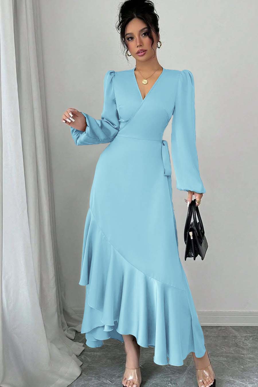 Shinning Long Sleeves V Neck Long Prom Dress With Ruffles Pleated