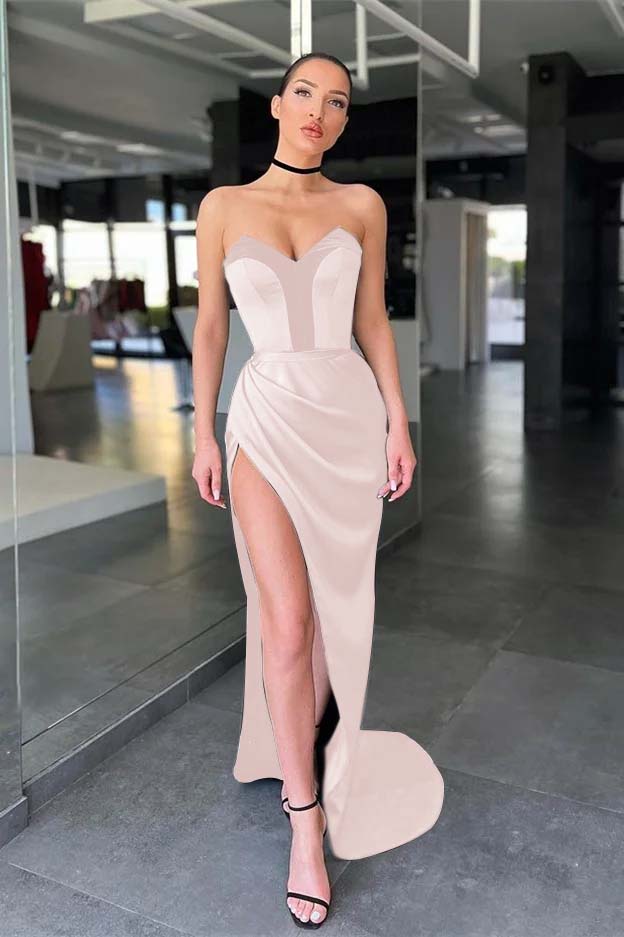 Strapless Sleeveless Long Mermaid Prom Dress With Split Pleated