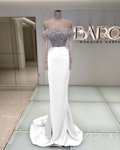 Off the Shoulder Long Sleeves  Long Mermaid Prom Dress With Beading