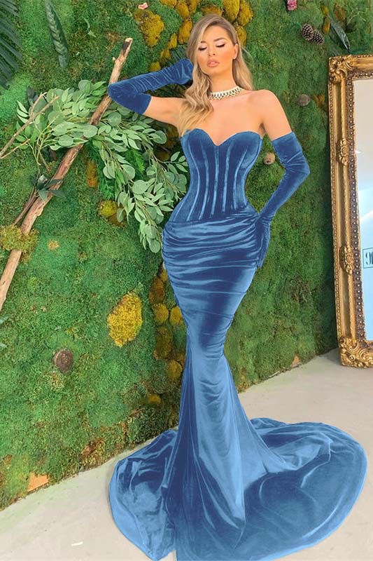 Black Velvet Sweetheart Strapless Long Mermaid Prom Dress With Long Gloves