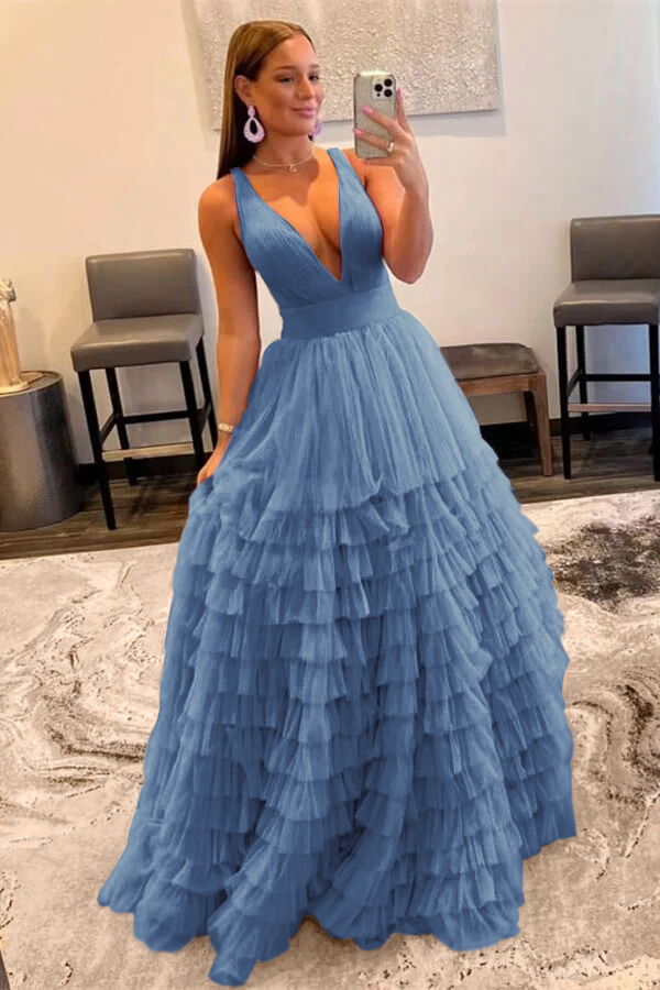 Elegant Deep V Neck Tulle layers Prom Dress With Sleeveless Online Lilac