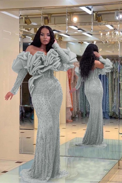 Prom Dress Purple Bubble Sleeves Long Strapless Sequins Beading