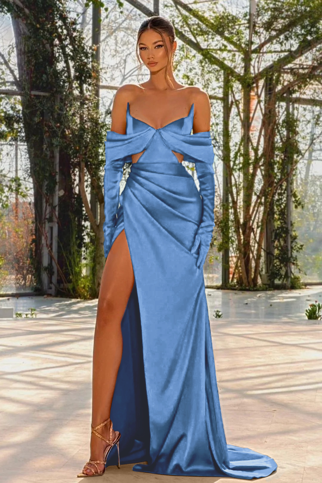 Off the Shoulder Prom Dress Red Half Sleeves With Slit Pleated Gloves