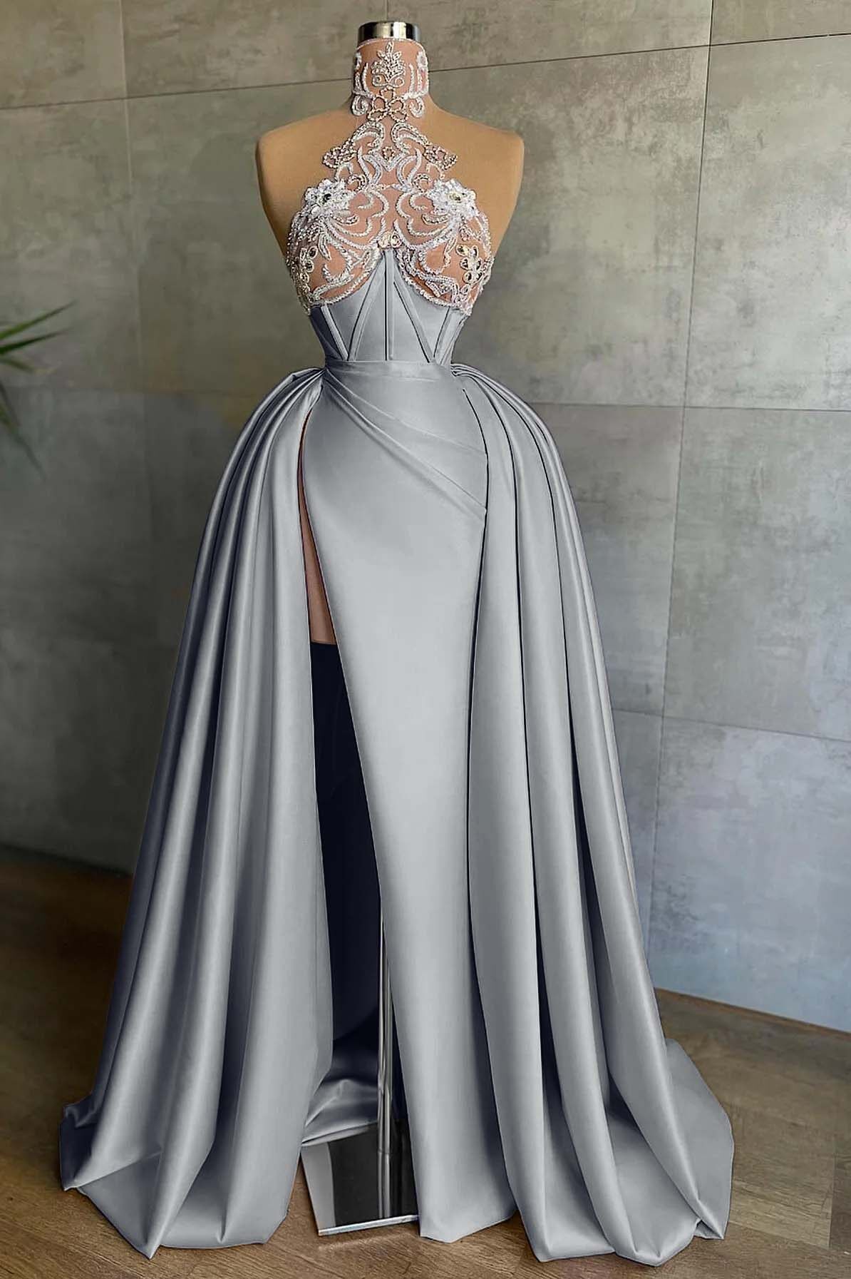 Halter Sleeveless Mermaid Split Long Prom Dress With Appliques