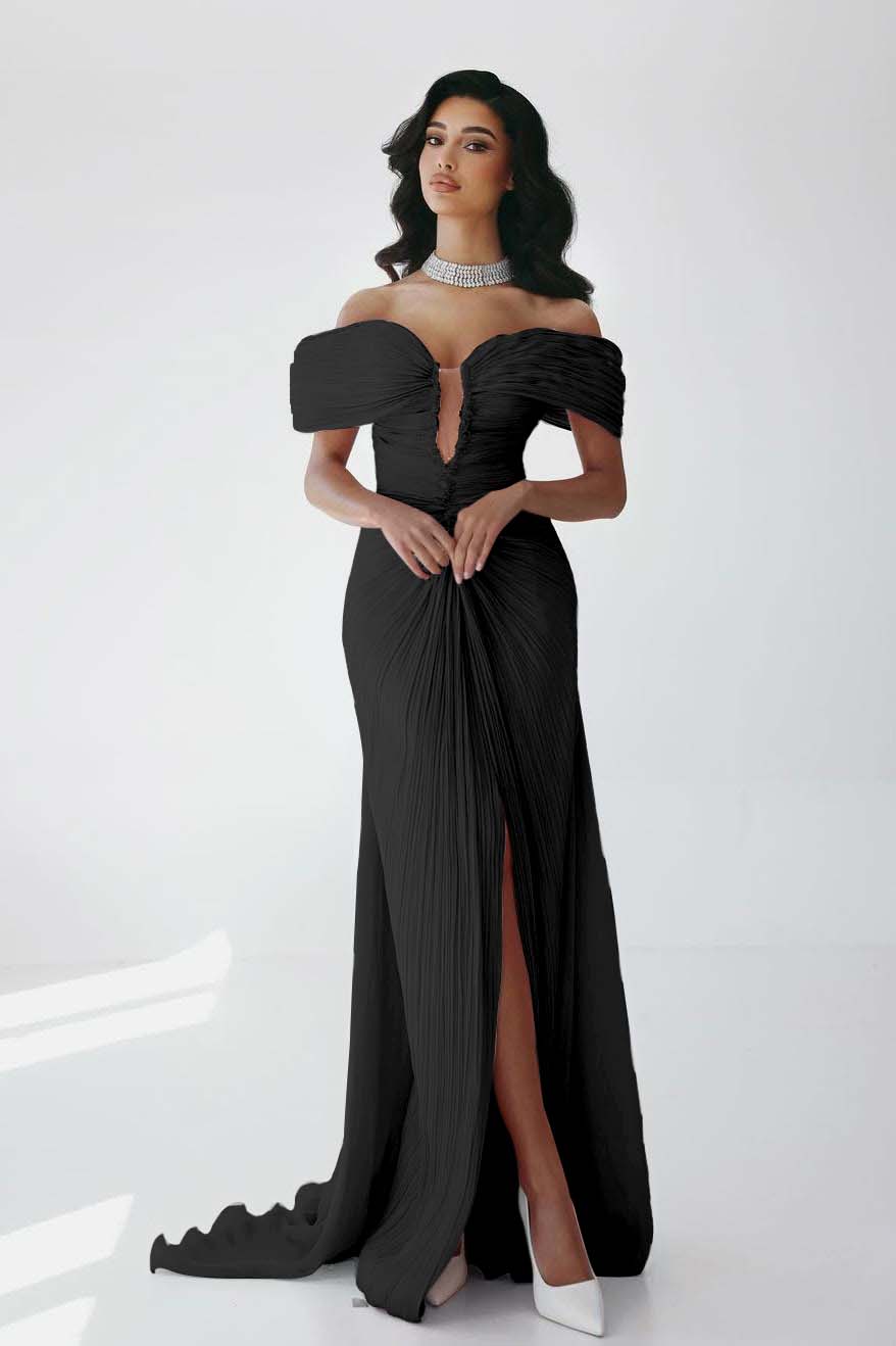Off the Shoulder Sleeveless Long Mermaid Prom Dress With Ruffles Pleated